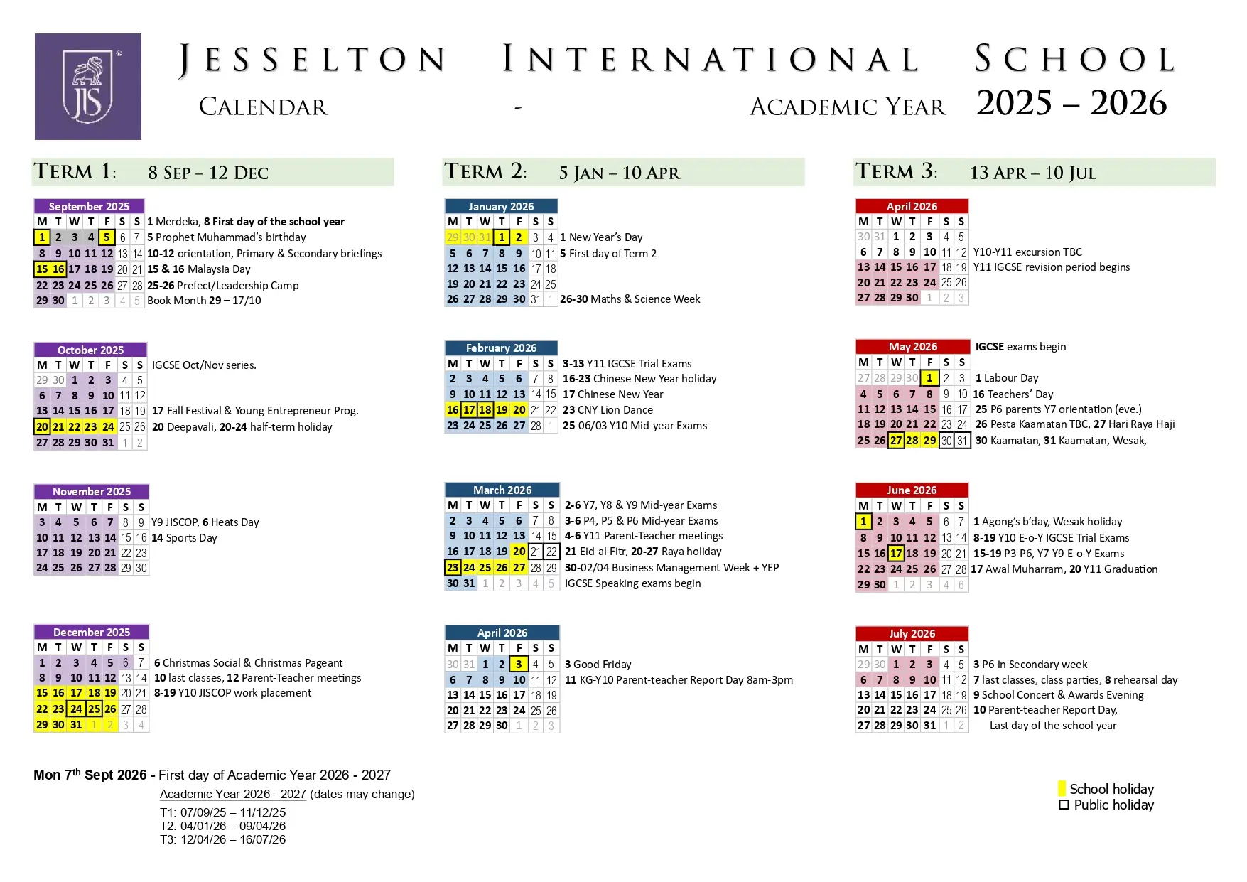 Jesselton International School Calendar 2025 2026 1